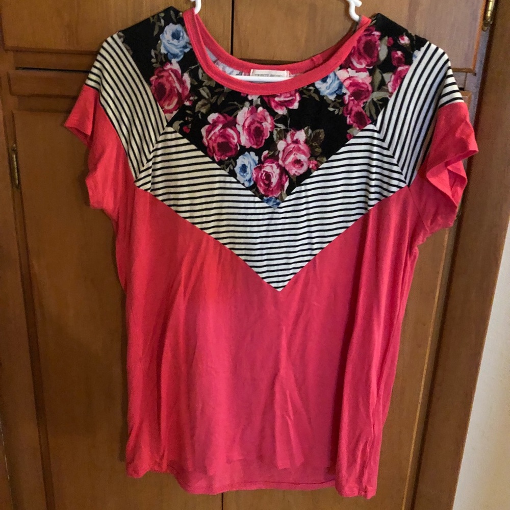 Trendy pink and black striped and floral tee, L
